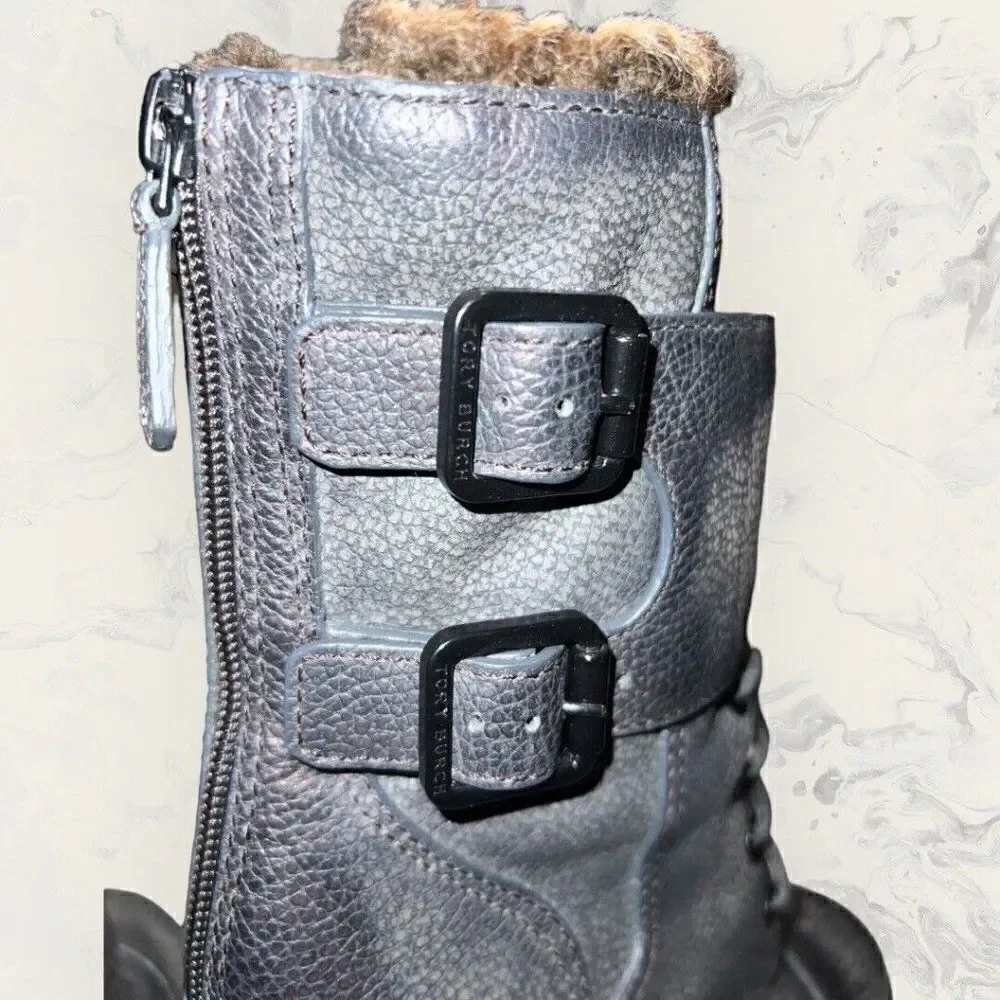 Tory Burch Broome leather heeled Combat Boots shearling lined gray women's 5.5M